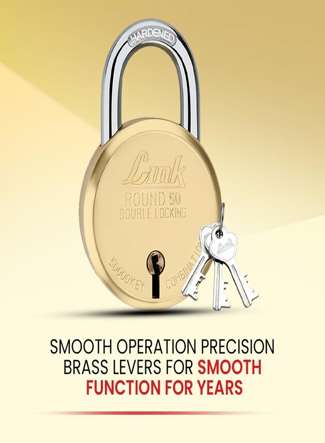 Link® 50mm Round Brass Lock | Brass Liver | Double Locking | | Padlock with 3 Silver Keys for Home Door, Office, Shop | Made in India - Image 2